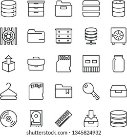thin line vector icon set - folder vector, bookmark, storage unit, chest of drawers, key, CD, big data, server, suitcase, put in a box, drawer, strongbox, hanger, unpacking, barrel, jar, memory, hdd
