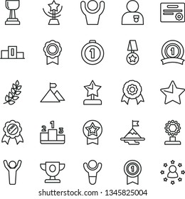 thin line vector icon set - star vector, pedestal, medal, winner, laurel branch, prize, cup, gold, reward, man hands up, with, motivation, mountain flag, first place, pennant, ribbon, certificate