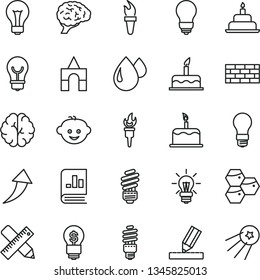 thin line vector icon set - matte light bulb vector, children's hairdo, box of bricks, cake, birthday, brickwork, saving, writing accessories, drawing, honeycombs, drop, energy, book on statistics