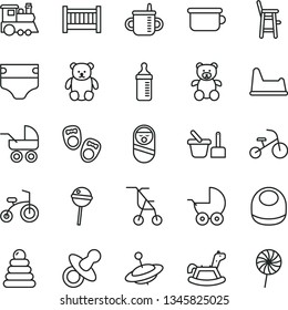 thin line vector icon set - baby cot vector, dummy, mug for feeding, measuring bottle, diaper, bib, stroller, carriage, sitting, stacking rings, roly poly doll, toy sand set, children's potty, chair