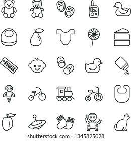 thin line vector icon set - baby powder vector, bib, Child T shirt, rubber duck, duckling, warm socks, toy mobile phone, teddy bear, small, children's hairdo, train, yule, bicycle, tricycle, pear