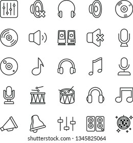 thin line vector icon set - bell vector, desktop microphone, horn, loudspeaker, silent mode, drumroll, drum, headphones, music, CD, regulator, volume, no sound, pc speaker, note, settings