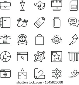 thin line vector icon set - paper bag vector, warm socks, Knitted, box of bricks, color samples, notebook, label, SIM card, jar, lighthouse, billboard with illumination, portfolio, ring diagram