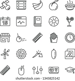 thin line vector icon set - clock face vector, chest of drawers, gear, core, calendar, picture, cardiogram, porridge in a saucepan, fried potato slices, cocktail, ripe peach, date fruit, bananas