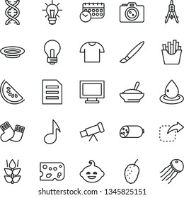 thin line vector icon set - tassel vector, incandescent lamp, monitor window, warm socks, funny hairdo, T shirt, move right, sausage, piece of cheese, a bowl buckwheat porridge, plate, French fries