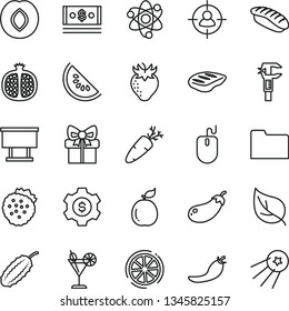 thin line vector icon set - chop vector, carrot, japanese sushi, cocktail, strawberries, half pomegranate, plum, strawberry, slice of water melon, lemon, guava, red pepper, cucumber, eggplant, leaf