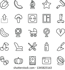 thin line vector icon set - prohibition vector, feeding bottle, car child seat, baby carriage, shoes, trowel, window, small tools, new roller, star, broken heart, globe, move up, cherry, tangerine