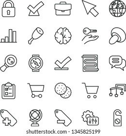 thin line vector icon set - add label vector, remove, toys over the cot, heating coil, lock, globe, suitcase, survey, porcini, chicken thigh, biscuit, cart, magnifying glass, planet, bar chart