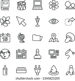 thin line vector icon set - calendar vector, measuring bottle for feeding, drum, brick, eye, map, move right, porcini, marine propeller, electric plug, trees, drop of oil, gas welding, computer