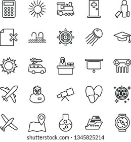 thin line vector icon set - delete page vector, calculator, flask, telescope, scientist, graduate hat, presentation board, plane, train, passenger, sun, disco ball, pool, medical room, transfer, map