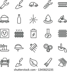 thin line vector icon set - trowel vector, building, concrete mixer, hand saw, helmet, spatula, charging battery, oil derrick, leaf, flask, socket, weaving, drop of, eco car, electric transport, fan