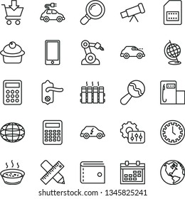 thin line vector icon set - calendar vector, clock face, purse, beanbag, door knob, writing accessories, radiator, smartphone, put in cart, muffin, porridge a saucepan, modern gas station, transport