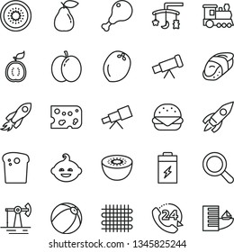 thin line vector icon set - magnifier vector, toys over the cradle, baby bath ball, funny hairdo, 24, piece of cheese, Easter cake, big burger, chicken leg, sushi, apple, pear, kiwi, half, guawa