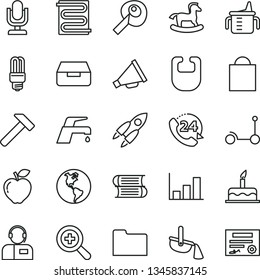 thin line vector icon set - desktop microphone vector, paper bag, zoom, horn, measuring cup for feeding, bib, small rocking horse, cake, Kick scooter, books, heating coil, faucet mixer, hammer, 24