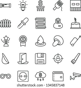 thin line vector icon set - purse vector, arm saw, construction level, hedge, heating coil, cake, spaghetti, porcini, garlic, power socket, drop of oil, man in sight, usb, floppy, glasses, bulb