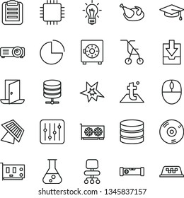 thin line vector icon set - pie chart vector, download archive data, sitting stroller, construction level, temperature, regulator, big server, strongbox, chicken, mouse, cpu, pc card, gpu, cd, chair