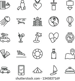 thin line vector icon set - earth vector, car baggage, air balloon, airport tower, passenger, rolling suitcase, phone registration, getting, arrival, hotel, tent, beach, palm tree, cocktail, map