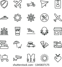 thin line vector icon set - plane vector, train, car baggage, hang glider, motorcycle, arrival, arnchair under umbrella, sun, uv cream, hawaii wreath, aquapark, cafe, flippers, hotel, surveillance