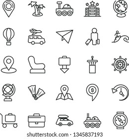 thin line vector icon set - briefcase vector, Baby chair, map, globe, location, geolocation, history, lunar rover, paper plane, dollar pin, car baggage, air balloon, airport tower, passenger, hotel