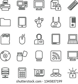 thin line vector icon set - monitor vector, window, rss feed, big data server, operator, scheme, calculator, computer, tablet pc, notebook, encrypting, mouse, tower, memory, card, usb, router, cd