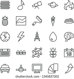 thin line vector icon set - lightning vector, monitor window, line chart, new roller, sample of colour, calendar, drop, car, planet, bundle eggs, onion, mint, pineapple, weaving, Measuring compasses