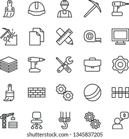 thin line vector icon set - monitor window vector, clean paper, bath ball, tower crane, builder, brickwork, winch hook, cogwheel, small tools, cordless drill, measuring tape, plastic brush, pile