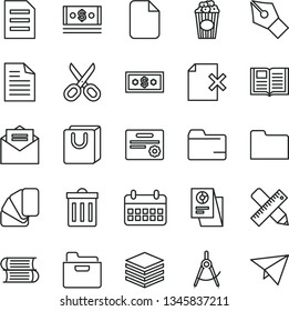 thin line vector icon set - scissors vector, bin, scribbled paper, folder, books, sample of colour, writing accessories, received letter, book, pile, delete page, bag with handles, cup popcorn, cash