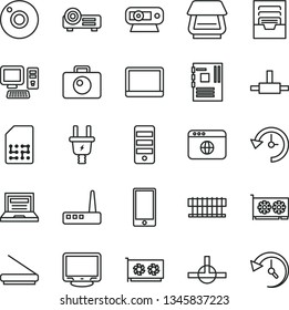 thin line vector icon set - camera vector, laptop, archive, smartphone, electric plug, SIM, computer, notebook pc, radiator fan, tower, motherboard, gpu card, monitor, web, router, scanner, browser