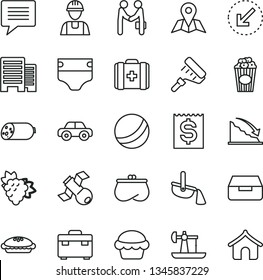 thin line vector icon set - image of thought vector, diaper, bath ball, medical bag, motor vehicle, builder, paint roller, suitcase, buildings, left bottom arrow, map, drawer, sausage, cake, pie