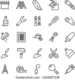 thin line vector icon set - paint roller vector, scissors, new abacus, open pin, electronic thermometer e, iron fork spoons, garden trolley, trowel, building, adjustable wrench, long meashuring tape
