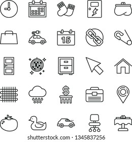 thin line vector icon set - calendar vector, spectacles, bedside table, open pin, rubber duck, cloud, warm socks, portfolio, interroom door, dangers, home, wall clock, tomato, weaving, electric car