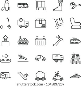 thin line vector icon set - cargo trolley vector, Baby chair, child Kick scooter, delivery, cardboard box, shipment, sea port, battery, production conveyor, environmentally friendly transport, train