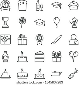 thin line vector icon set - tassel vector, colored air balloons, balloon, cake, birthday, gift, square academic hat, Easter, muffin, piece of, slice, torte, lollipop, bottle, giftbox, gold cup, star