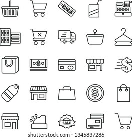 thin line vector icon set - grocery basket vector, dollar, e, city block, cart, crossed, bag with handles, cards, kiosk, hanger, label, stall, shopping, reverse side of a bank card, cash, hand