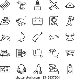 thin line vector icon set - suitcase vector, passport, sand castle, plane, car baggage, passenger, ticket, rolling case, hotel, tent, beach, arnchair under umbrella, palm tree, hawaii wreath, hammok