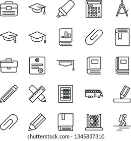 thin line vector icon set - clip vector, briefcase, graphite pencil, book, new abacus, e, portfolio, writing accessories, drawing, square academic hat, scribed compasses, text highlighter, graduate