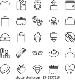thin line vector icon set - paper bag vector, purse, spectacles, hat, with glasses, bath ball, accessories for a hairstyle, comb, shoes little children, winter, warm, T shirt, folded, hanger, hand