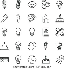 thin line vector icon set - matte light bulb vector, children's hairdo, box of bricks, cake, birthday, brickwork, saving, writing accessories, honeycombs, drop, energy, book on statistics, brain