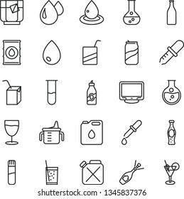 thin line vector icon set - measuring cup for feeding vector, e, packing of juice with a straw, drop, glass soda, tea, can, bottle, liquor, round flask, oil, canister, monitor, test tube, pipette