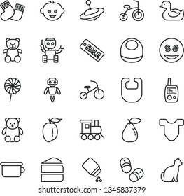 thin line vector icon set - baby powder vector, bib, Child T shirt, rubber duck, warm socks, toy mobile phone, children's potty, teddy bear, small, hairdo, train, yule, bicycle, tricycle, shoes