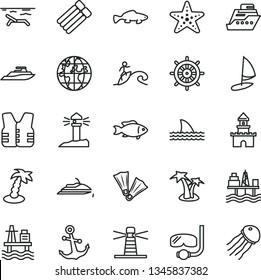thin line vector icon set - anchor vector, small fish, sea port, commercial seaport, lighthouse, coastal, planet, sand castle, beach, palm tree, starfish, flippers, diving mask, surfing, handwheel