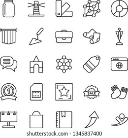 thin line vector icon set - paper bag vector, warm socks, Knitted, box of bricks, building trowel, color samples, notebook, label, SIM card, jar, lighthouse, billboard with illumination, portfolio