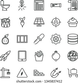 thin line vector icon set - drum vector, brick wall, window frame, toilet, construction level, muffin, French fries, medlar, half of guawa, radish, solar panel, gear, crane, magnet, man in sight