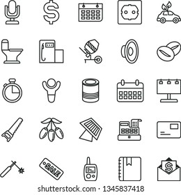 thin line vector icon set - desktop microphone vector, loudspeaker, toy mobile phone, concrete mixer, hand saw, comfortable toilet, power socket type f, timer, notebook, pass card, tin, coffee beans