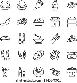 thin line vector icon set - plates and spoons vector, plastic fork, iron, fried vegetables on sticks, pizza, piece of, big burger, cake, pie, porridge in a saucepan, lettuce plate, grill chicken leg