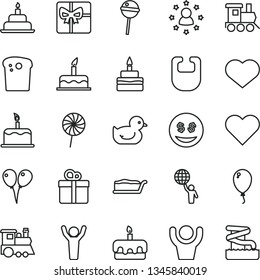 thin line vector icon set - heart symbol vector, bib, baby duckling, toy train, children's, colored air balloons, balloon, cake, birthday, gift, Easter, slice, torte, Chupa Chups, lollipop, giftbox