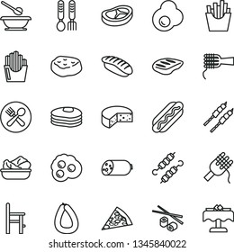 thin line vector icon set - plates and spoons vector, a chair for feeding, iron fork, sausage, stick of, cheese, piece pizza, Hot Dog, spaghetti, noodles, lettuce in plate, bacon, chop, barbecue