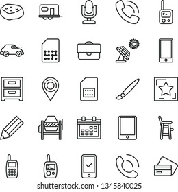 thin line vector icon set - tassel vector, desktop microphone, calendar, toy phone, mobile, a chair for feeding child, concrete mixer, smartphone, nightstand, call, piece of meat, big solar panel