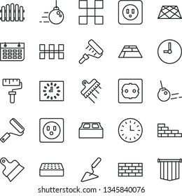 thin line vector icon set - paint roller vector, brickwork, brick wall, big core, building trowel, new, power socket type b, f, tile, ceramic tiles, block, putty knife, spatula, hedge, paving slab