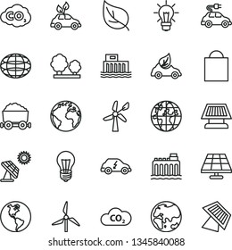 thin line vector icon set - sign of the planet vector, paper bag, solar panel, big, leaf, windmill, wind energy, Earth, bulb, hydroelectric station, hydroelectricity, trees, eco car, electric, CO2